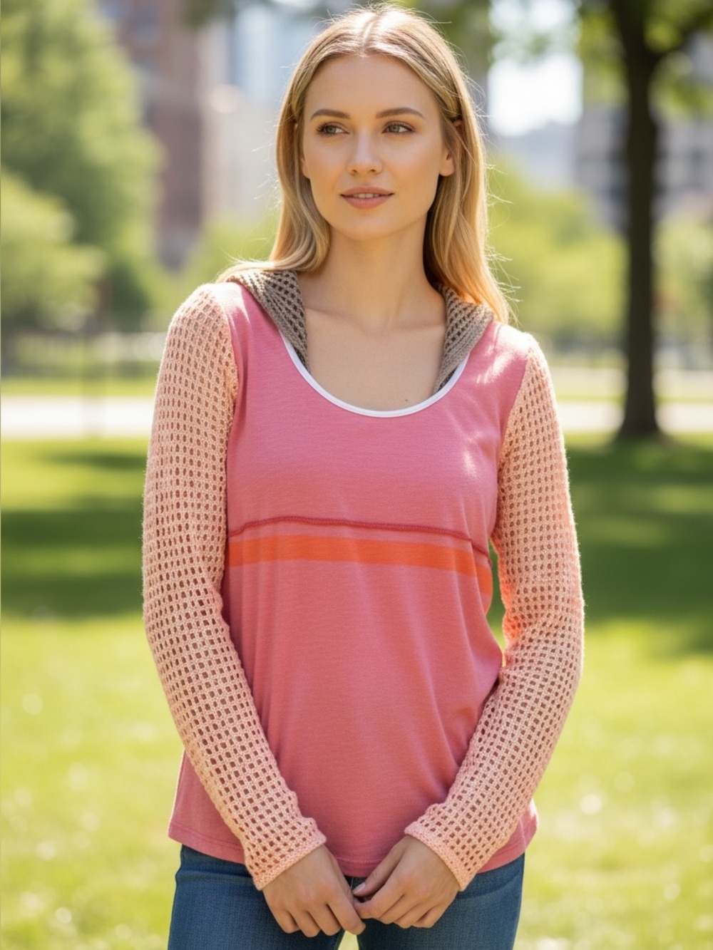 We The Free Rose-Red Open Weave Long Sleeve Top